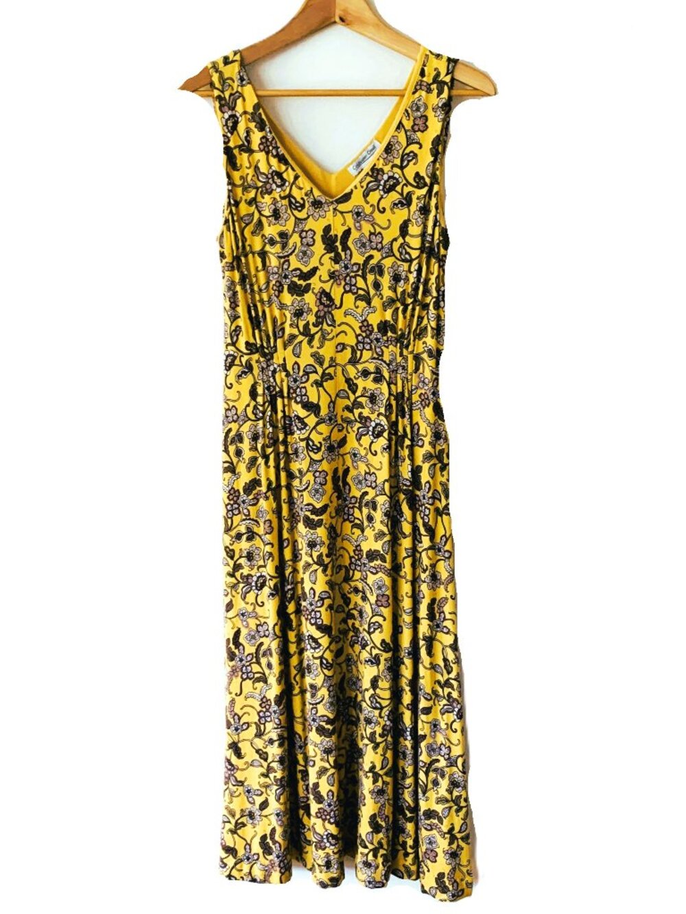 Coldwater Creek Floral Maxi Dress | Yellow Gold Jersey Knit | Petite Small
